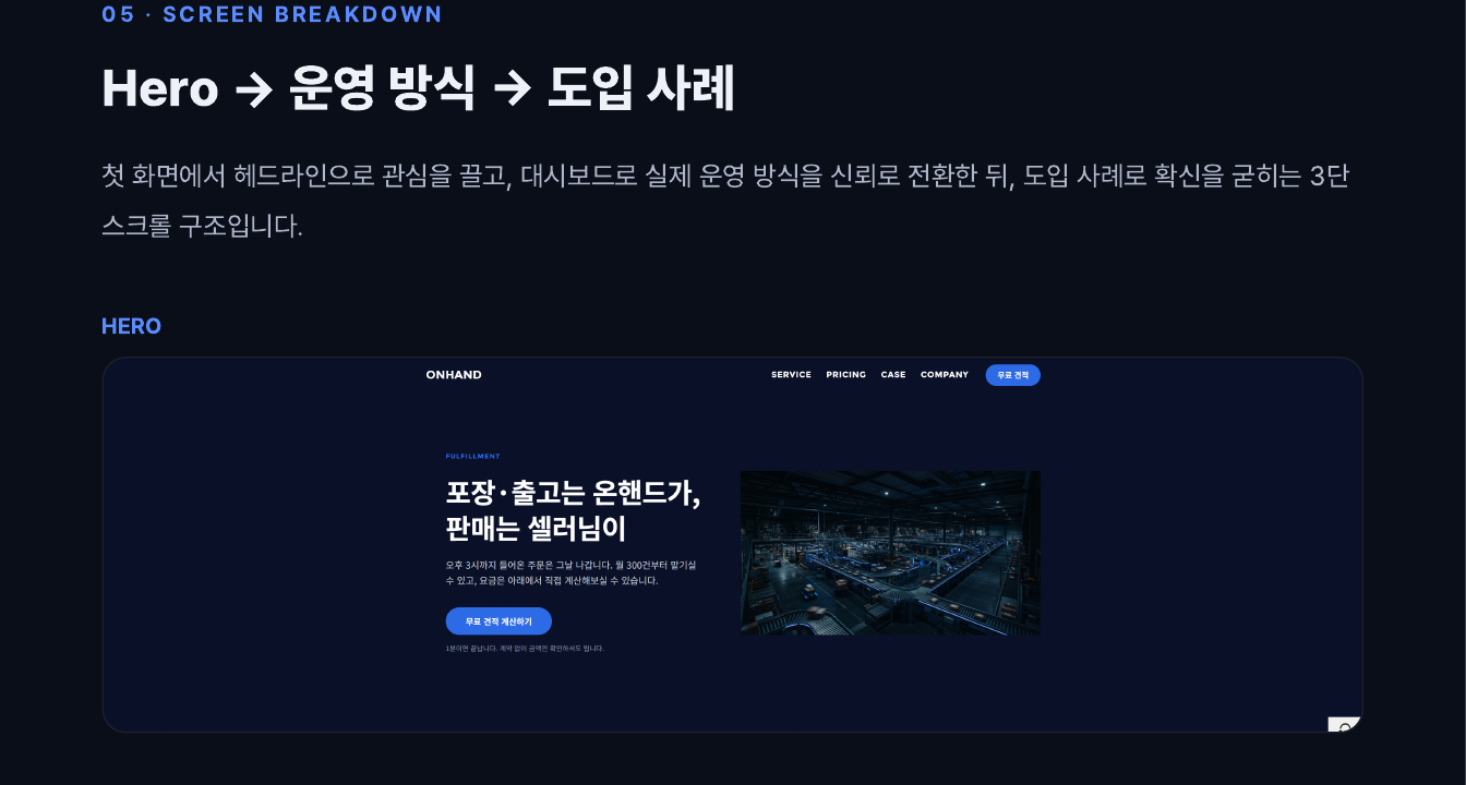 ONHAND 화면 브레이크다운 — 히어로